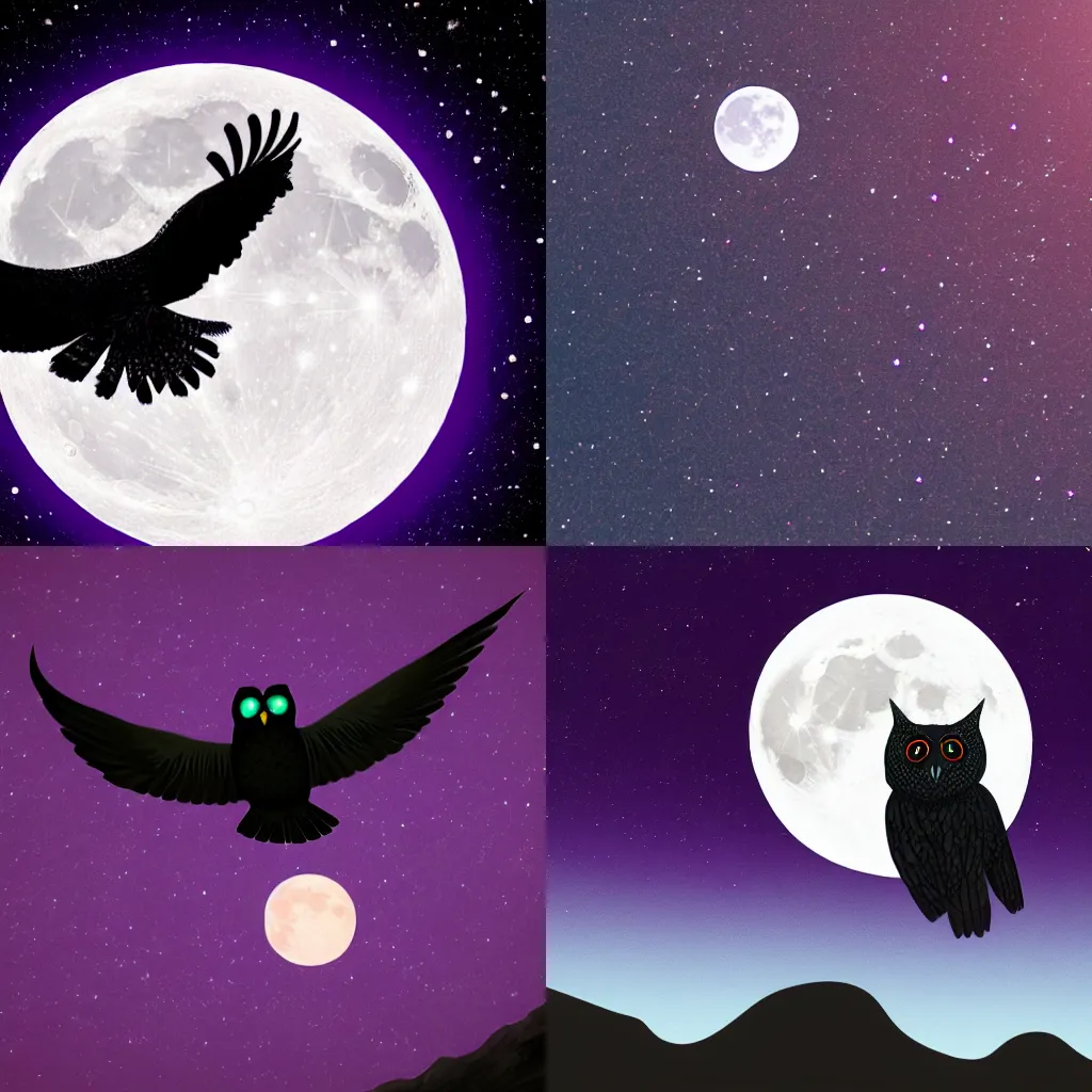 Image similar to A sillouhete of a black owl flying in front of the moon, dark purple sky with stars in background, HD, trending on Artstation