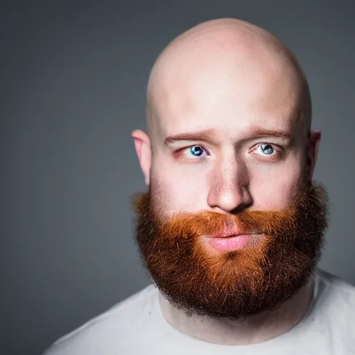 Prompt: realistic portrait of a 26 year old bald white man with a red beard, acting headshot, photograph