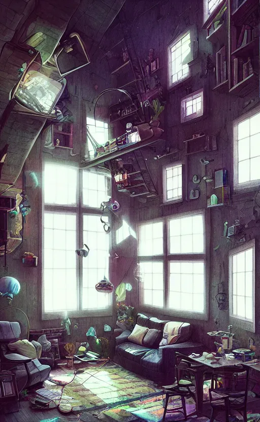 Image similar to Interior shot of a cozy loft by Petros Afshar and Beeple, James Gilleard, Mark Ryden, Wolfgang Lettl highly detailed