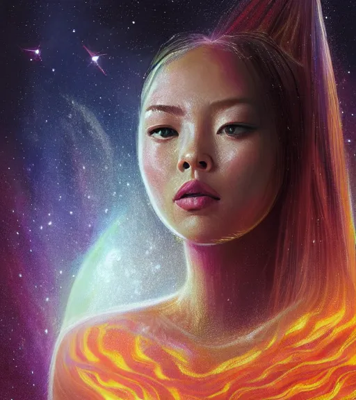 Image similar to close-up portrait of Lalisa Manobal as Galaxy Goddess, rule of thirds, captivating, face anatomy, relaxing on a fiery volcano, thermal lava flowing down dark travertine terraces, inferno lake, intricate, elegant, luxurious, digital painting, concept art, smooth, sharp focus, from Star Trek 2021, illustration, by WLOP and Ruan Jia and Mandy Jurgens and Peter mohrbacher