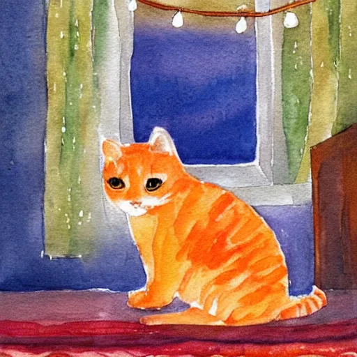 Prompt: A fat, cute orange cat in a beautiful room, cozy, watercolor on paper by ANNA LEA HUCHT, details, lights, beautiful