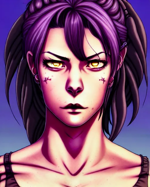 Image similar to a portrait of revy from black lagoon, dilraba dilmurarevy, smirk, black tank top, jean shorts, brown eyes, purple hair, tribal tattoos right arm sleeve, symmetrical eyes, symmetrical face, art by lois van baarle and loish and ross tran and rossdraws and sam yang and artgerm