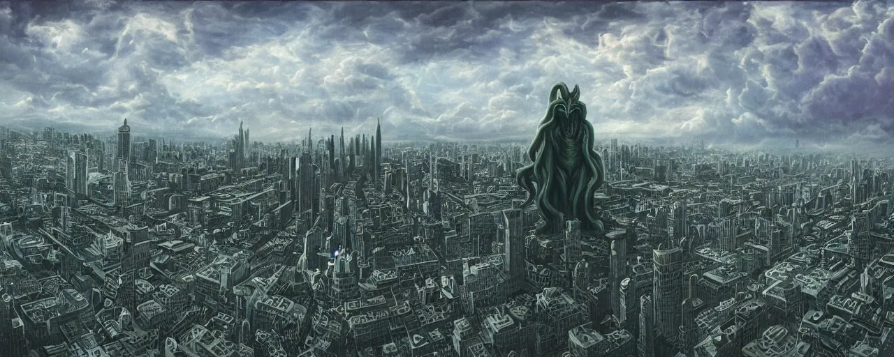 Image similar to Cthulhu rising in the sky above city, Christensen James C