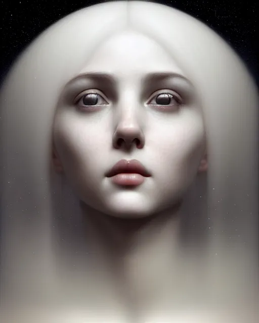 Image similar to dreamy, monochrome, subsurface scattering, white, young beautiful goddess in cosmos, octane render, dino valls, mark ryden, joe fenton, highly detailed, rim light, art, cinematic lighting, very coherent, hyper realism, 8 k