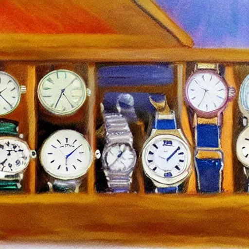Image similar to an impressionist painting of a treasure chest full of wristwatches