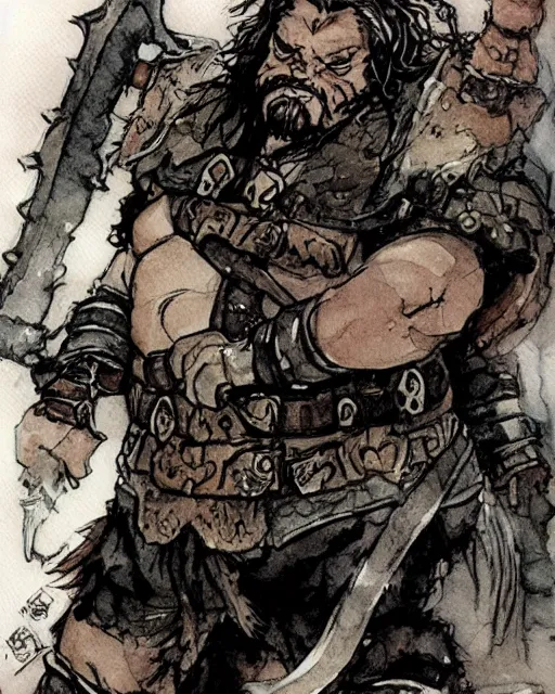 Image similar to Dwarf Barbarian, drawn by Yoji Shinkawa, water color, Dungeons and Dragons, Wizards of the Coast