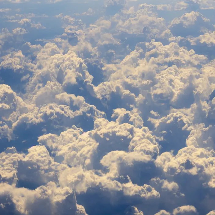 Image similar to Endless clouds towering high, seen from a plane, no ground visible, very detailed, 8k resolution, pale yellow hue