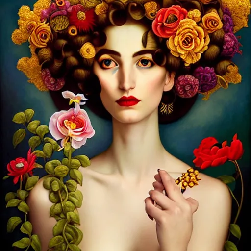 Image similar to dynamic composition, a painting of woman with hair of ( summer flowers )!! and vines wearing ornate earrings, ornate gilded details, a surrealist painting by tom bagshaw and jacek yerga and tamara de lempicka and jesse king, featured on cgsociety, pop surrealism, surrealist, dramatic lighting, wiccan, pre - raphaelite