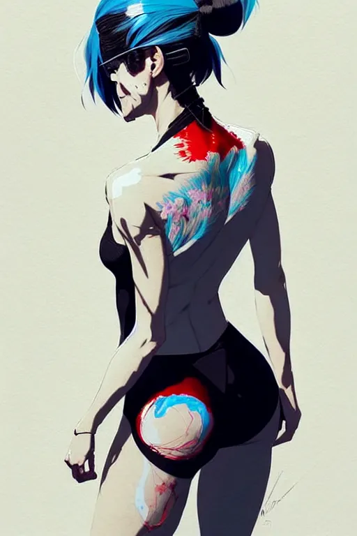 Image similar to a ultradetailed beautiful back painting of a stylish woman with white hair in a short pony tail, she is wearing jeans, by conrad roset, greg rutkowski and makoto shinkai trending on artstation