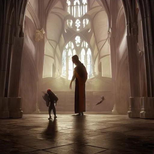 Image similar to angel protecting man who is praying inside a gothic church by Stanley Artgerm Lau, WLOP, Rossdraws, James Jean, Andrei Riabovitchev, Marc Simonetti, Yoshitaka Amano, ArtStation, CGSociety, highly detaild 4K, cinematic style, studio light