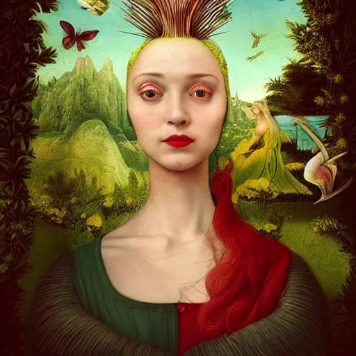 Prompt: a detailed portrait of young woman in renaissance dress with a glass face and a surreal renaissance headdress, very surreal garden, cyberpunk, surreal tea party, birds, nature, strange creatures, by christian schloe and botticelli, naotto hattori, amy sol, roger dean, edward gorey, moody colors