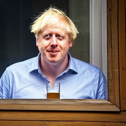 Image similar to grainy telephoto shot through a window at night of Boris Johnson standing in a kitchen and holding a bottle of beer