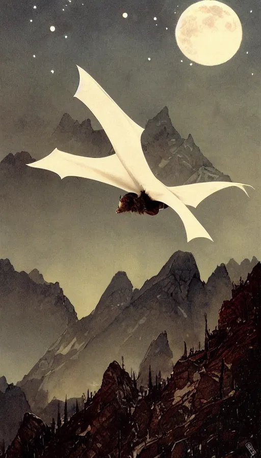 Prompt: a white bat, flying against a black night sky, mountain in the background, moonlight, denoised, very detailed, painted by james gurney, norman rockwell, tom bagshaw