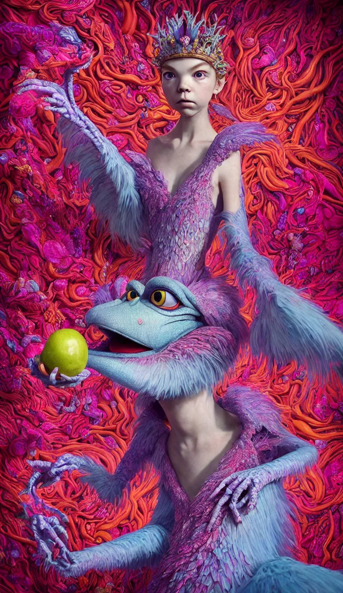 Image similar to hyper detailed 3d render like a Oil painting - kawaii portrait of one Aurora (a beautiful skeksis muppet fae queen from dark crystal that looks like Anya Taylor-Joy) seen red carpet photoshoot in UVIVF posing in scaly dress to Eat of the Strangling network of yellowcake aerochrome and milky Fruit and His delicate Hands hold of gossamer polyp blossoms bring iridescent fungal flowers whose spores black the foolish stars by Jacek Yerka, Ilya Kuvshinov, Mariusz Lewandowski, Houdini algorithmic generative render, Abstract brush strokes, Masterpiece, Edward Hopper and James Gilleard, Zdzislaw Beksinski, Mark Ryden, Wolfgang Lettl, hints of Yayoi Kasuma and Dr. Seuss, octane render, 8k