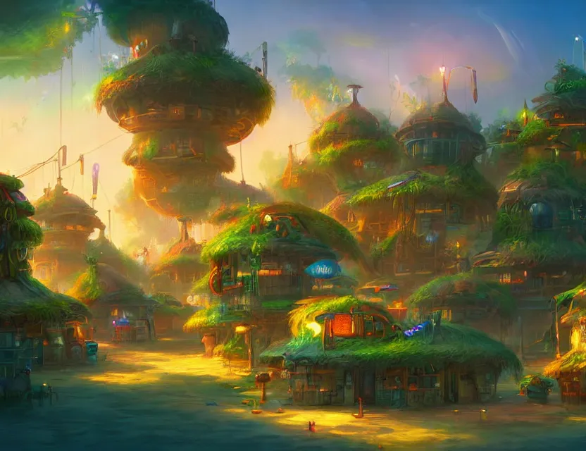 Image similar to futuristic but cozy fantasy village at a tropical coast. this air brush painting by the award - winning concept artist has an interesting color scheme, plenty of details and impeccable lighting.