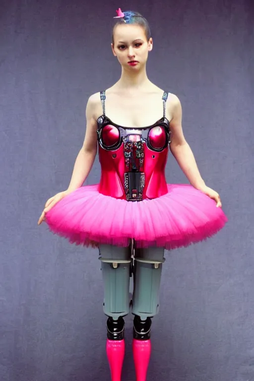 Prompt: cyberpunk beautiful girl, robotic body armour, ballet tutu by mark ryden