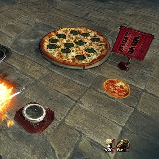 Prompt: pizza hut promotional crossover pizza shield retrieval side quest skyrim video game screenshot the elder scrolls