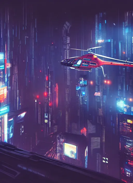 Prompt: cyberpunk scifi scene of a city at night, helicopter view, craft flying, artstation, matt painting, very detailed, maximalism, ambient occlusion, volumetric light, atmospheric haze, unreal engine, hyper realism, realistic shading, cinematic composition, realistic render, octane render, detailed textures, photorealistic, wide shot