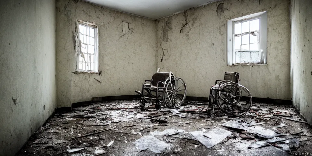 Prompt: abandoned psychiatric ward with paint peeling of the walls, dirty floor, broken wheelchair, stained bed, photography