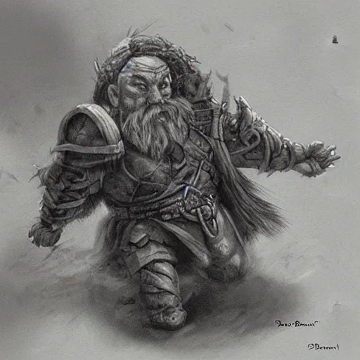 Prompt: “dnd dwarf, dragging big sack, by paul bonner”