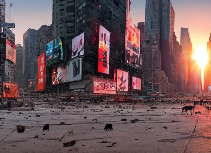 Image similar to film still of post apocalyptic empty time square at sunset, overgrown with wildlife walking through in the new sci - fi movie, 8 k