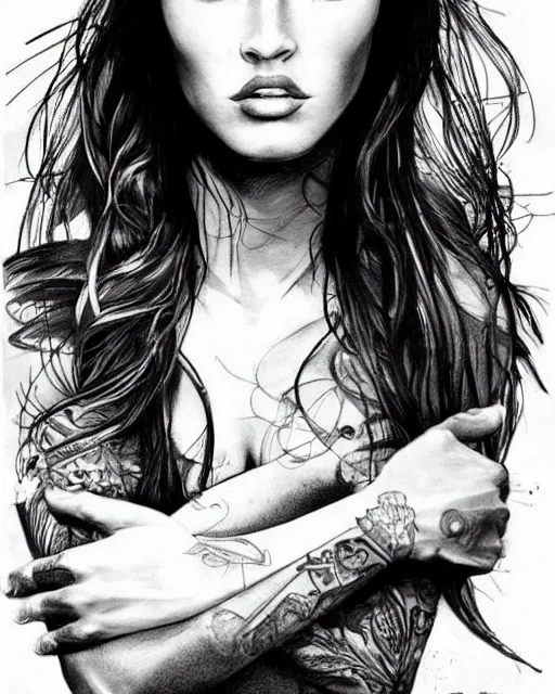 Image similar to realism tattoo design sketch of megan fox face blended with beautiful mountain scenery, in the style of dan mountford, double exposure, hyper realistic, amazing detail, black and white