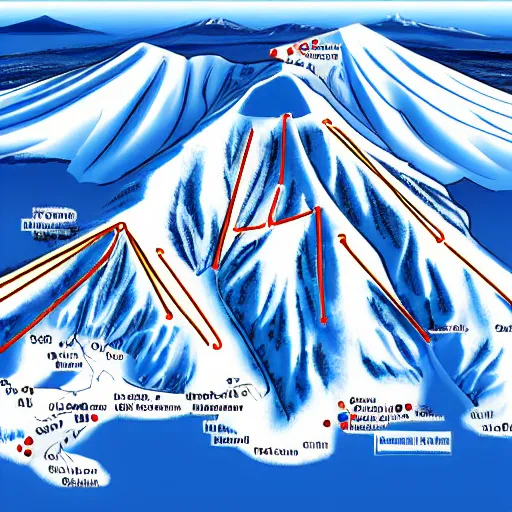 Prompt: map of mt fuji as a ski map. blue and white.