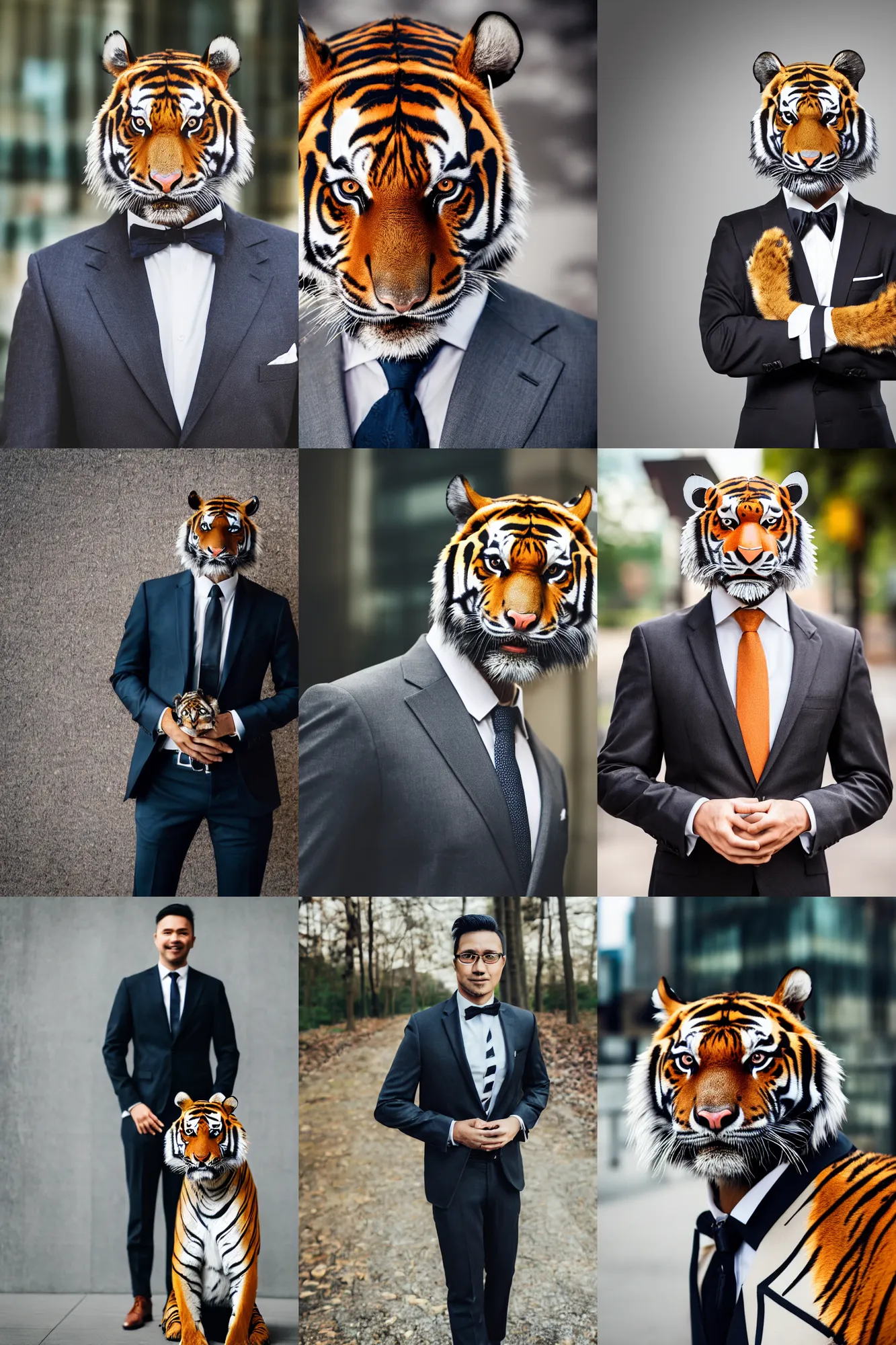 Prompt: high quality portrait photo of an businessman tiger dressed in a dark suit and tie, Anthropomorphic, photography 4k, f1.8 bokeh, 4k, 85mm lens, sharp eyes, looking at camera
