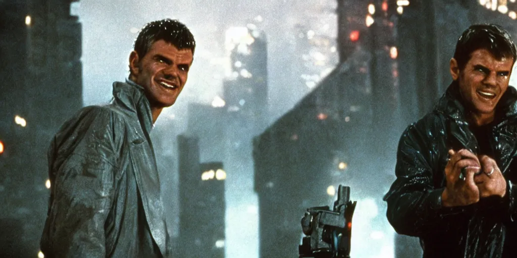 Prompt: young Jack Nicholson as Rick Deckard on blade runner 1982, smiling, looking up, the city can be seen in the background, 35mm, movie still, in color, movie frame, detailed face, symmetrical face, 4k