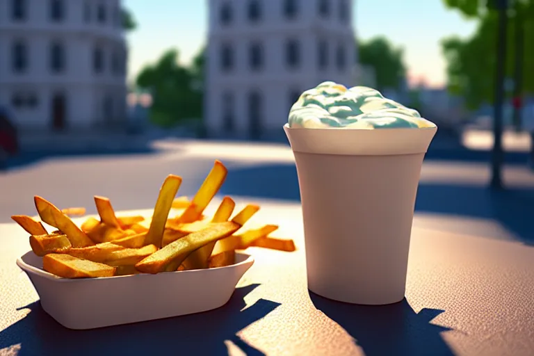 Image similar to best fries, best mayonnaise, best weather, best light, best drink. super realistic 8 k render