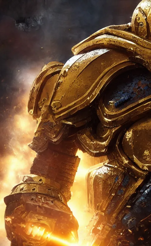 Image similar to angry Henry Cavill as warhammer 40k God-Emperor of Mankind dressed in his glowing golden power armor. full-length portrait, beautiful face, long hair, painted by Donato Giancarlo, intricate fine armor rune details, cinematic, highly detailed, octane render