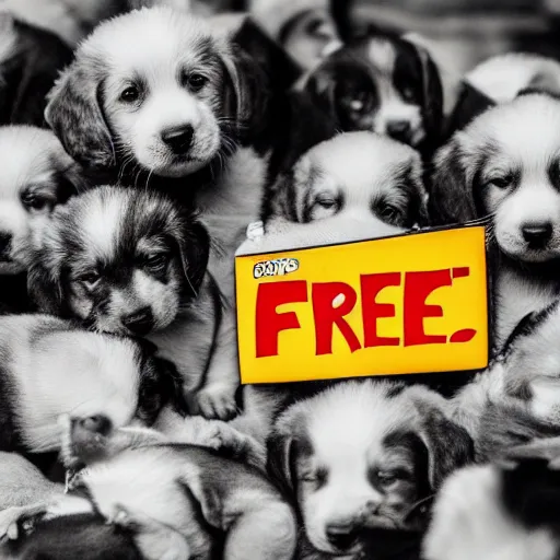 Prompt: photo of a sign beside a box of puppies saying Free Puppies, highly detailed, high quality, HD, 4k, 8k, Canon 300mm, professional photographer, 40mp, lifelike, top-rated, award winning, realistic, sharp, no blur, edited, corrected, trending