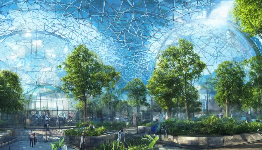 Prompt: futuristic zoo built in london with trees, enclosures and blue glass domes, wide view, volumetric light, hyperdetailed, artstation, cgsociety, 8 k