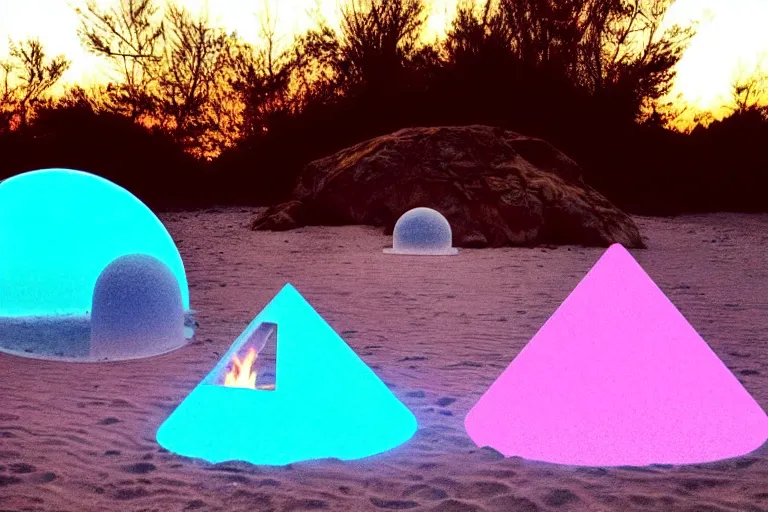 Image similar to a vintage family holiday photo of an empty beach from an alien dreamstate world with chalky pink iridescent!! sand, reflective lavender ocean water and a pale igloo shaped plastic transparent bell tent next to firepit with open blue flame. refraction, volumetric, light.