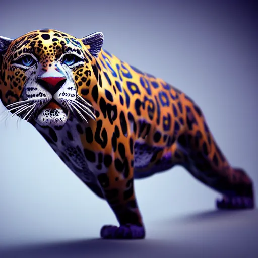Image similar to metallic jaguar with glowing blue eyes, octane render