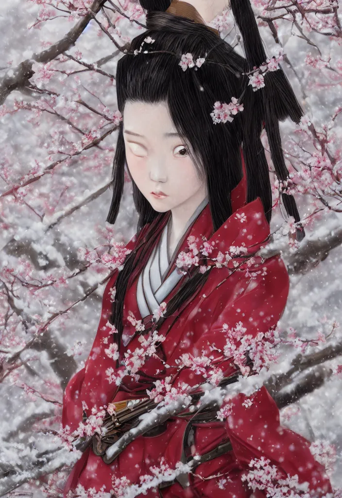 Prompt: detailed portrait of girl samurai in hakama with swords and rifles, in snow forest sakura cherry blossom, taisho roman, by wlop and krenz kushart, elite, elegant, luxury, perfect face, fine details, realistic shaded, fine - face, pretty face