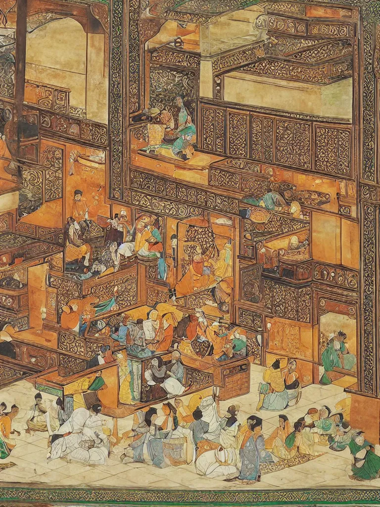 Image similar to ornate mughal painting of a Starbucks cafe