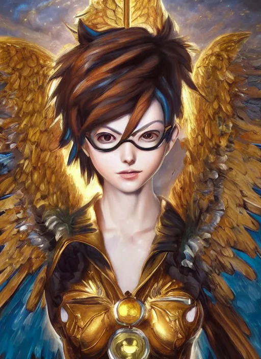 Prompt: full body oil painting of tracer overwatch in the style of sophie anderson, angel wings, angelic golden armor, dramatic painting, symmetrical composition, ornate, high detail, gold detailed collar!!!!!, blooming, lights, flowers, detailed face,