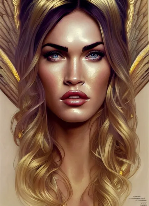 Image similar to portrait of megan fox as an blonde angel, blonde hair, wings, bible, corona, gold, jewelry, intricate, headshot, highly detailed, digital painting, artstation, concept art, sharp focus, cinematic lighting, illustration, art by artgerm and greg rutkowski, alphonse mucha, cgsociety