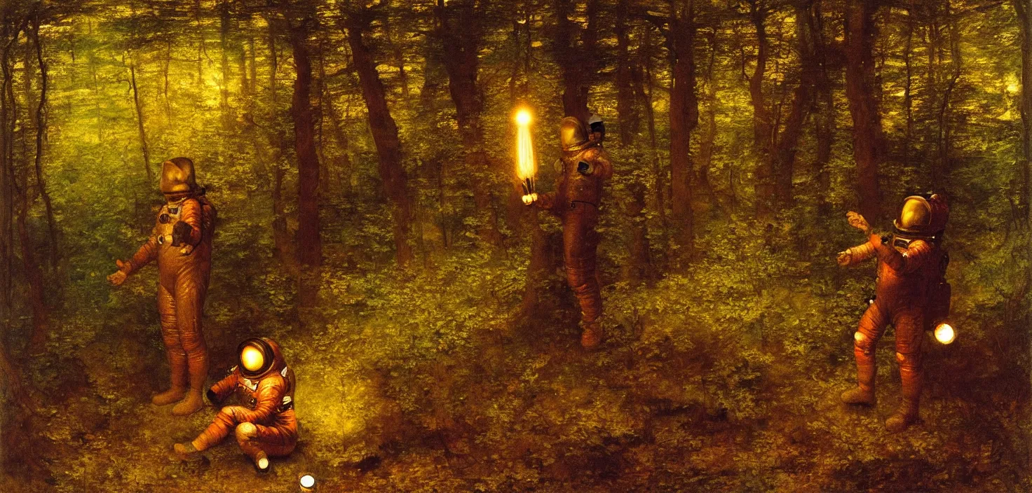 Prompt: an astronaut is in the woods, holding a torch ， by george frederick watts 1 8 8 6