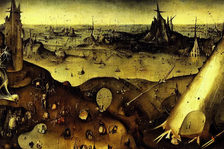 Image similar to dark souls landscape painted by hieronymus bosch