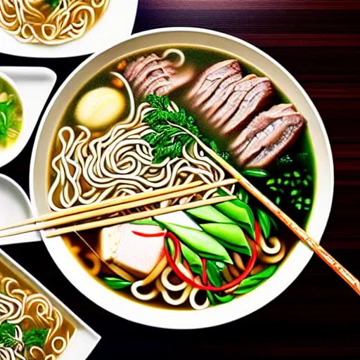 Image similar to flatlay realistic photo of delicious pho, ramen, aesthetic table cloth, highly detailed, cinematic light, masterpiece, 8 k hd, award winning, artstation,