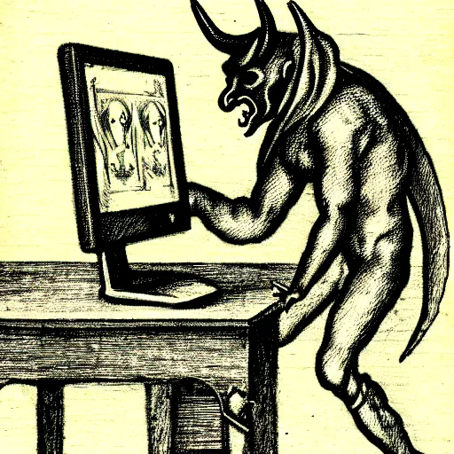 Image similar to a devilish spirits emerging from a desktop computer, renaissance era sketch, satanic, ritual