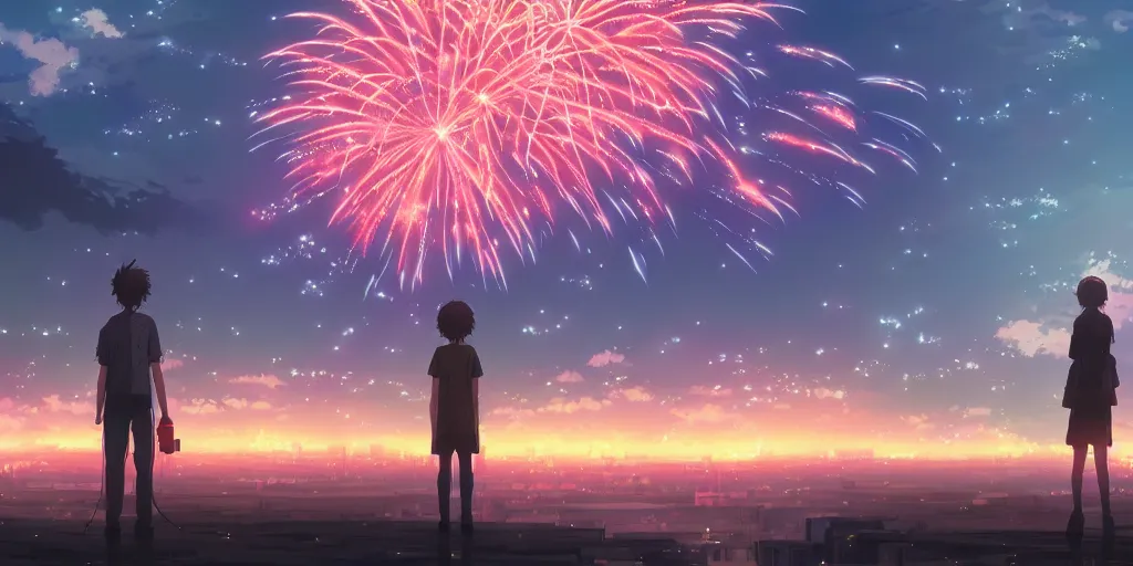 Image similar to realistic building, fireworks, wide landscape, eva, war, lonely, art by makoto shinkai