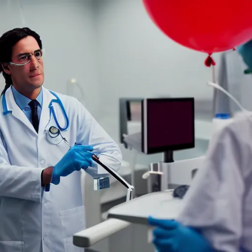 Image similar to evil doctor surgeon in hyperrealistic detailed style in a brightly lit room operating on a female patient and balloons are coming out of her abdomen