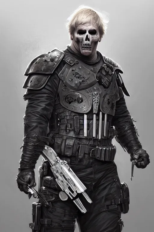 Image similar to Boris Johnson as Punisher, armor plate with skull image, realistic portrait, highly detailed, digital painting, artstation, concept art, smooth, sharp focus, illustration, cinematic lighting, art by artgerm and greg rutkowski and alphonse mucha