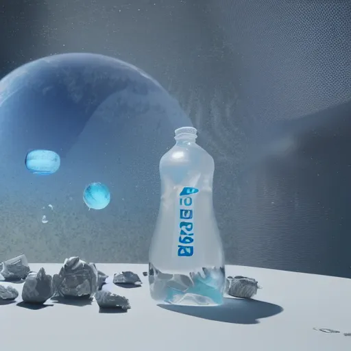 Prompt: An entire planet is inside a discarded plastic water bottle, razor shap, ultra detailed, concept art, 4k, octane, ue5