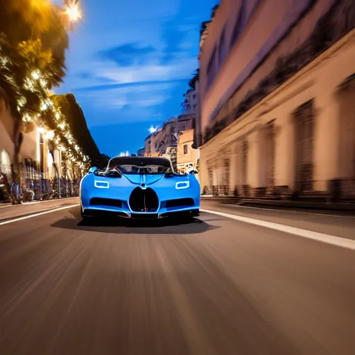 Prompt: High quality DSLR photo of a blue convertible Bugatti Chiron driving in the streets of Monaco at dusk, long shadows, beams of sunlight