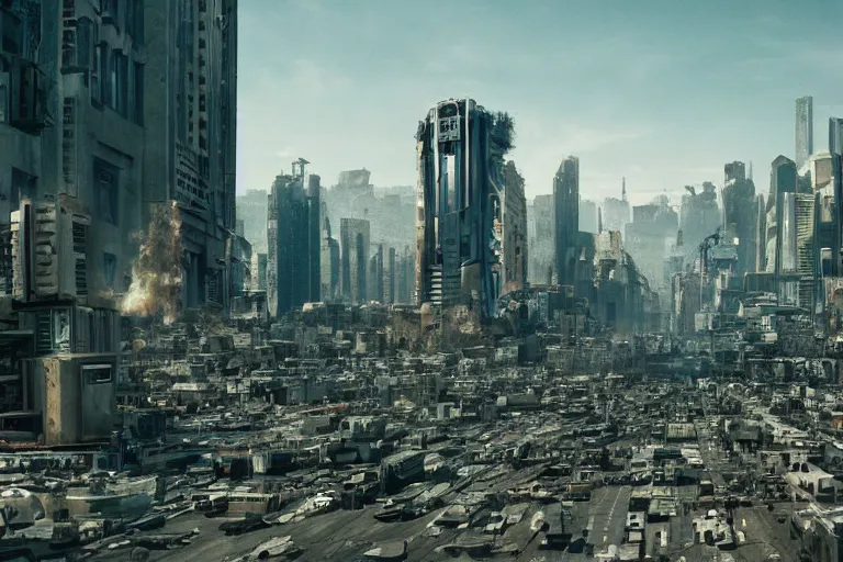 Prompt: sprawling cramped dystopian cityscape in a quentin tarantino movie, 4 k arri alfa anamorphic lens 3 5 mm film wide shot still