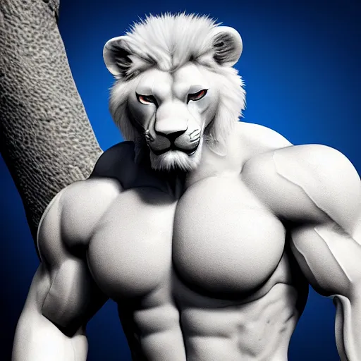 Prompt: a handsome muscular bodybuilding anthropomorphic male lion, white fur, blue right eye, red left eye, unreal engine, full body pose,